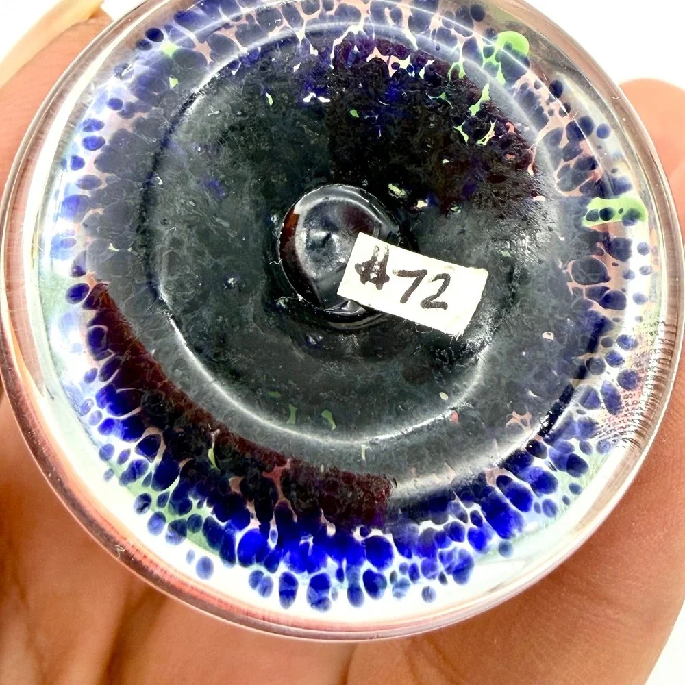 Artisan Glass Paperweight Red Lampwork Flower Green‎ Ruffled Base Blue Speckled